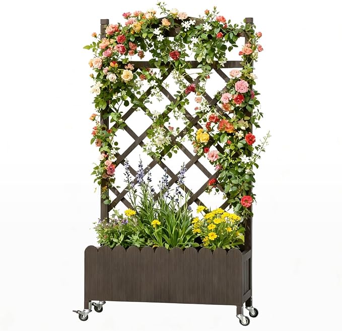COMHOMA Planter Box with Trellis and Wheels, 48In Elevated Raised Garden Bed, Drainage Holes, Outdoor Lattice for Climbing Flowers, Vegetables, Patio Balcony, Brown