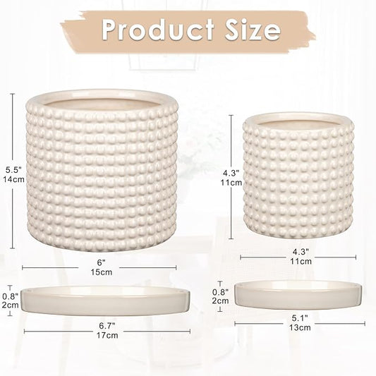 DILATATA Set of 2 Ceramic Planter Pots with Drainage Hole and Saucer, Round Flower Pot Hobnail Modern Planter Pots for Indoor & Outdoor Plants - 4 Inch & 6 Inch, White