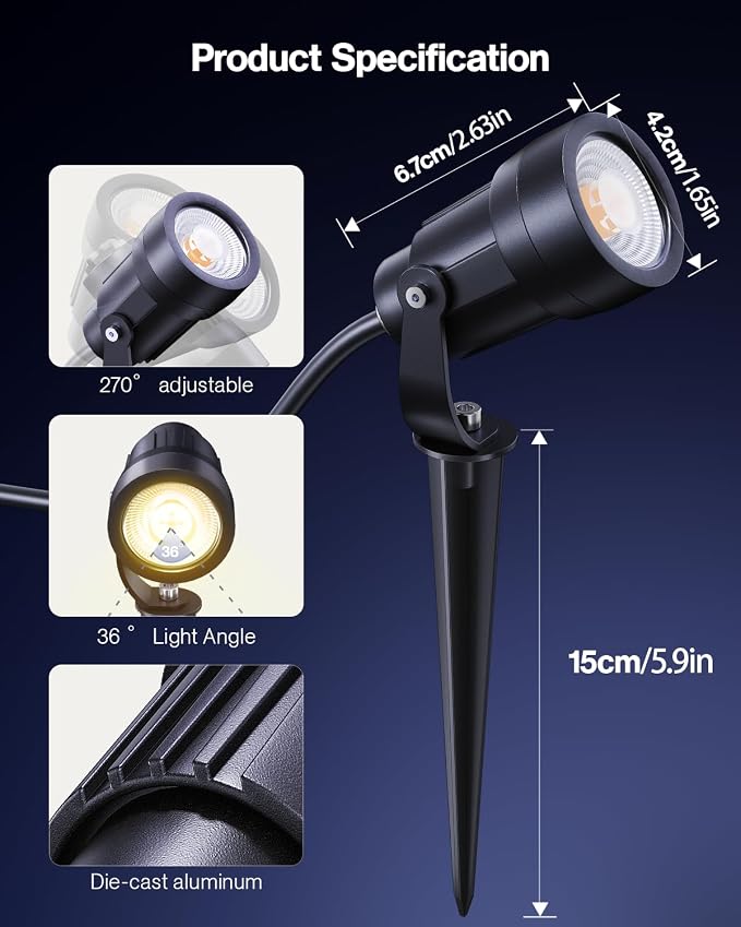HIBOITEC LED Low Voltage Landscape Spotlights,IP65 Waterproof Outdoor Spot Lights for Yard, Plant, Lawn, Tree, Flags, House, Garden, Pathway, 2900K Warm White, 2 Pack