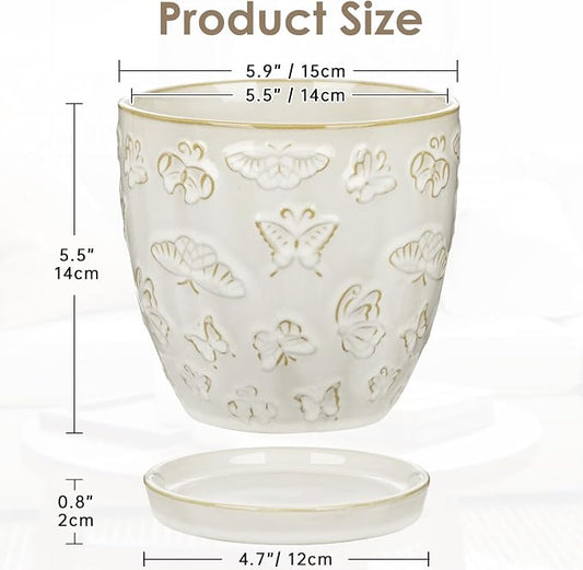 Hollyone 6 Inch White Ceramic Planter Flower Plant Pot with Drainage Hole and Saucer for Plants Embossed Indoor Outdoor Garden Embossed Ceramic Glazed Round Pot for Succulent Orchid Butterfly Pattern