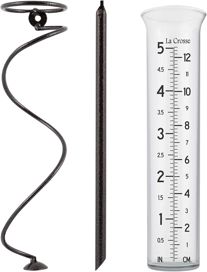La Crosse 704-08967-INT Original Handcrafted Colombian Metal Finish Spiral Rain Gauge with 5-inch Capacity Glass Rain Garden Tube