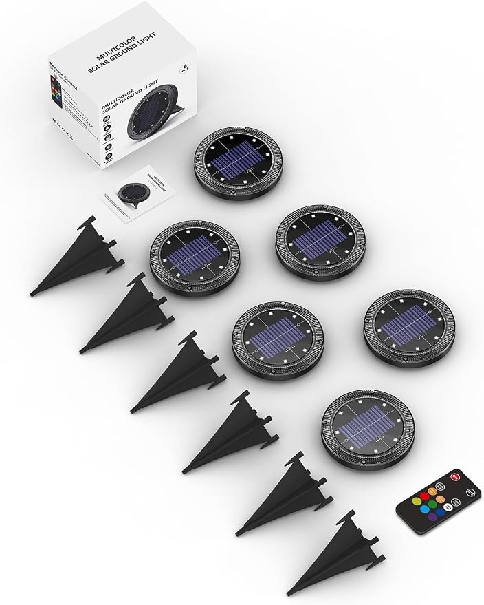 Color Changing Solar Ground Lights with Remote, IP67 Waterproof, 6Pack | 9-Color & 2 Dynamic RGB, 33ft Long Distance Remote Control, Dusk-to-dawn Light Up, Outdoor Flat Disk Light for Yard Lawn Path