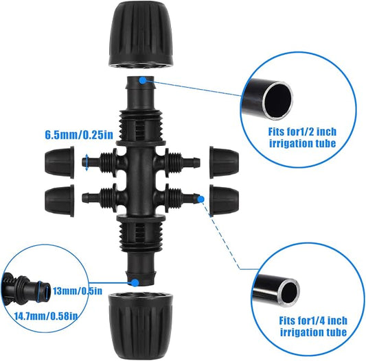 1/2 Inch to 1/4 Inch Tubing Irrigation Fittings for (1/2'' ID x 0.60''-0.63'' OD) 16mm Drip Tubing,Locked Barbed Tee Connectors (10 Pcs Barbed Tee 6-Way)