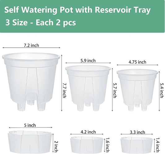 yarlung 6 Pack Self Watering Pots for Indoor Plants with Reservoir Tray and Holes, Clear Plastic Self Watering Planters for Outdoor Plants Flowers, Round 4.75" 6" 7"