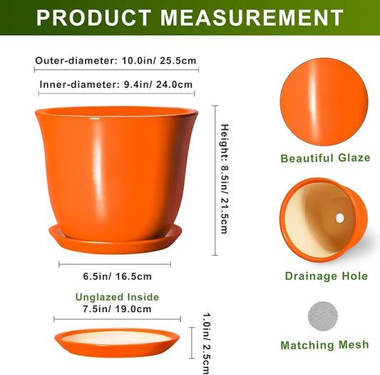 10 Inch Plant Pot - Ceramic Pots for Plants with Drainage Hole and Saucer, Round Planters for Indoor Outdoor Plants, Modern Decorative Planters, Room Home Decor, Gardening Gifts, Orange