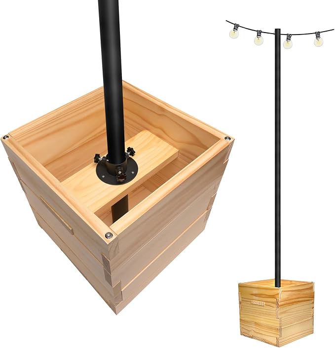 Large Decorative Wooden Planter with Universal Pole Support for String Light Poles, Umbrellas, Bird Feeders. Solid Wood Outdoor Garden Patio Box For Plants or Flowers, 14"x14"x14", Natural