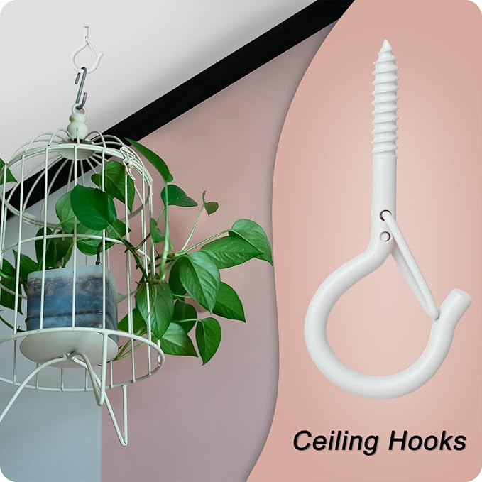 Black Screw Hooks with Safety Lock 2.3" Rustproof Metal Ceiling Hooks for Hanging Plants, Baskets,String Lights & Outdoor Decor, 40LB Capacity (30, White)