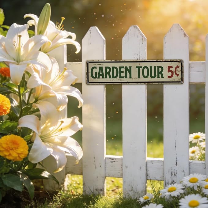 Garden Metal Tin Sign, Vintage Farmhouse Decor, Garden Tour 5 Cents Sign, Gardening Wall Art, for Yard Fence Door Porch, Funny Indoor Outdoor Decoration, 15.7 x 3.9 Inches