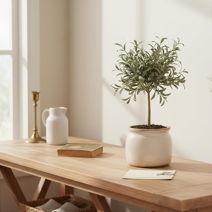 Ceramic Planter & Vase for Wabi Sabi Decor, 6.3 Inch Nordic Minimalist Flower Pot with Drainage Hole for Indoor Plants, Boho Tabletop Bookshelf & Living Room Decoration, Unique Gift (Antique Ivory)