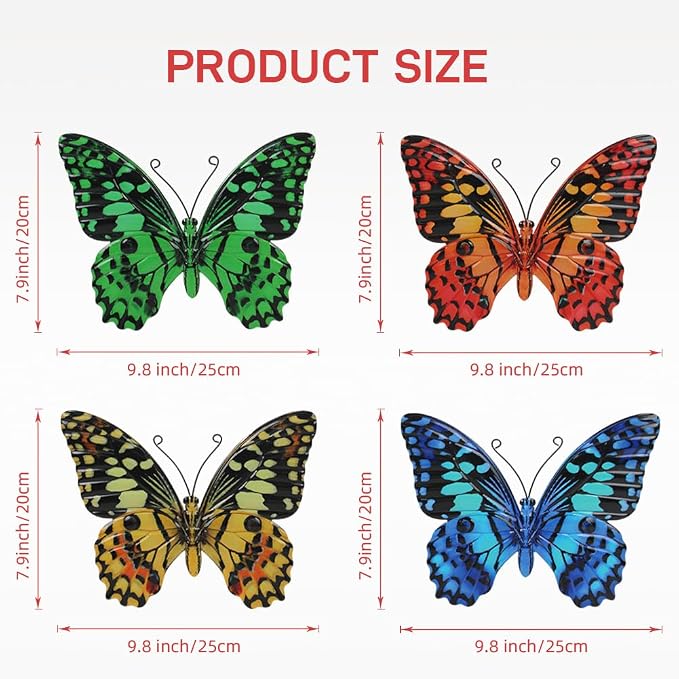 dreamskip 4 Pcs Butterfly Wall Decor Art, Butterflies Outdoor Metal Wall Art with Vivid Pattern, Hand Painted Outdoor Garden Yard Fence Patio Decor Gift for Women Mom