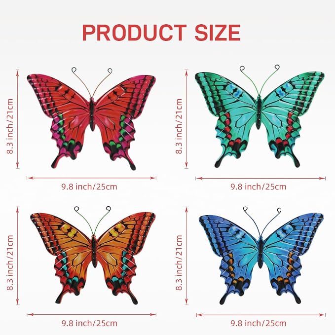 dreamskip 4 Pack Butterfly Wall Decor Art, Vivid Butterflies Outdoor Metal Wall Art with Colorful Pattern, Outdoor Garden Yard Fence Patio Decor Gift for Women Mom