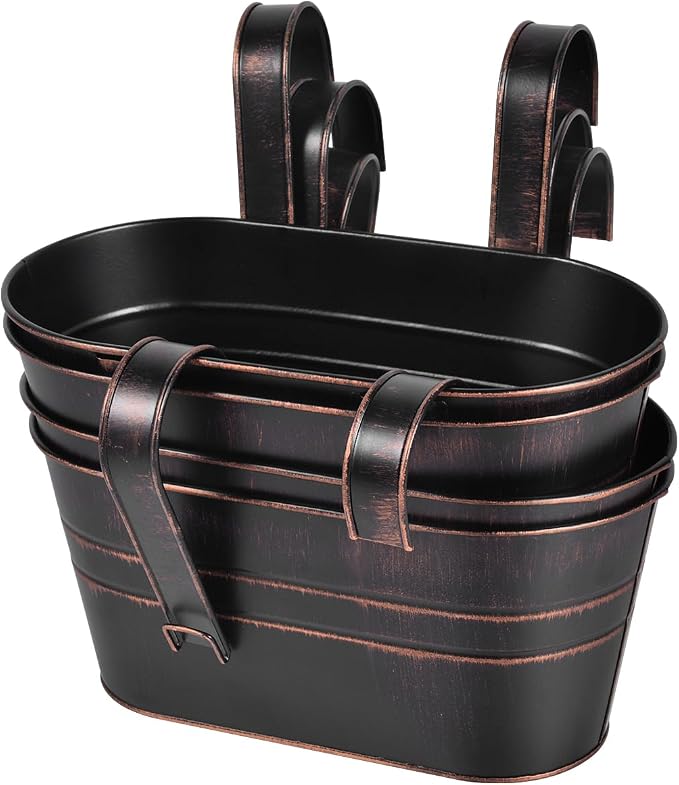 OBTANIM 4 Pack Metal Hanging Flower Pots Iron Railing Planter Outdoor Fence Hanging Pots Bucket Plant Holder with Detachable Hooks Drain Holes for Home Garden Yard Decor (Black)