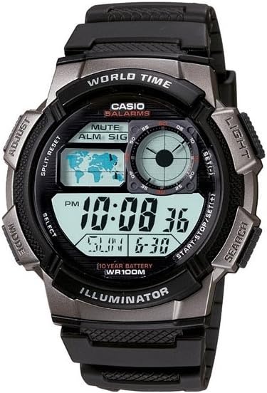 Casio AE1000W Series | Men’s Digital Watch | 100M WR | Multi Alarms | 100 SEC Stopwatch | Countdown Timer | World Map for World Time | LED Light | LC Analog Display | 10 Year Battery
