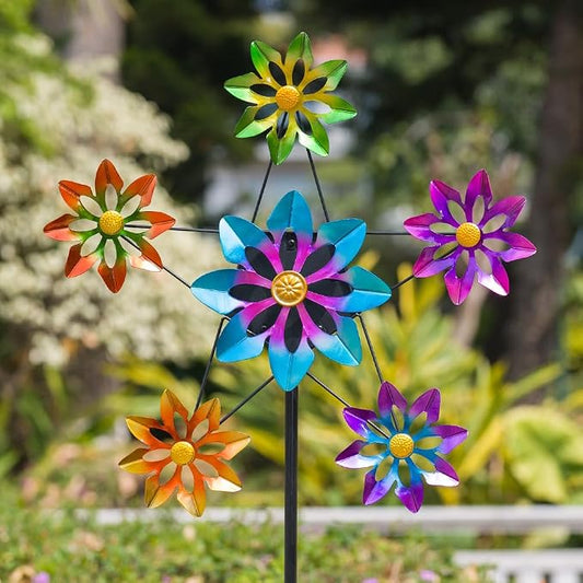 Stargarden Outdoor Kinetic Wind Spinner,Large Metal Wind Sculpture | Flower Metal Wind Spinners for Garden Yard Patio, 24.4"D*74"H