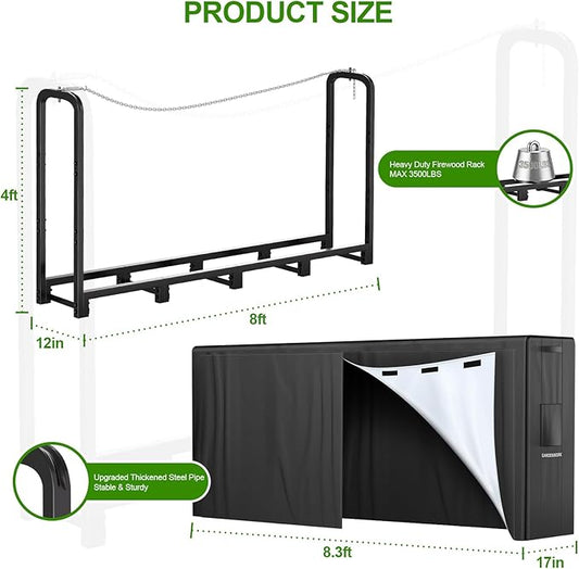 GARDENWORK 8FT Firewood Rack Outdoor with Cover,Heavy Duty Fire wood Log Holder,Wood Storage Racks with 600D Oxford Cover for Indoor and Outdoor with Firewood Bag