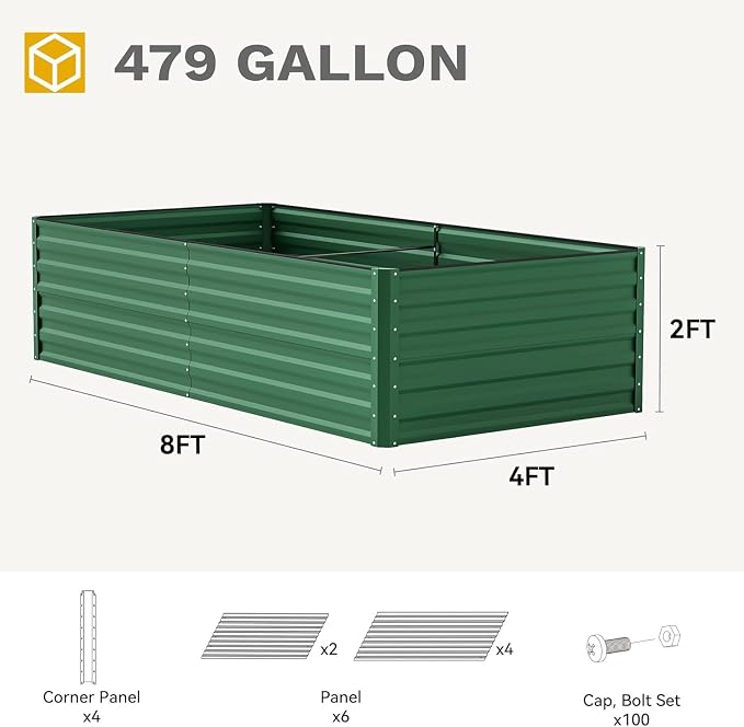 DWVO 8 x 4 x 2 FT Raised Garden Bed Kit, Outdoor Galvanized Flower Bed with Safety Rubber and Gloves, Large Metal Planter Box for Vegetables, Flowers, Herbs, Fruits, Green