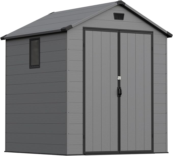 Greesum 6x6FT Plastic Outdoor Storage Shed with Floor, Resin Sheds with Lockable Double Door, Tool Sheds with Window and Vents, for Backyard, Garden, Patio, Dark Gray