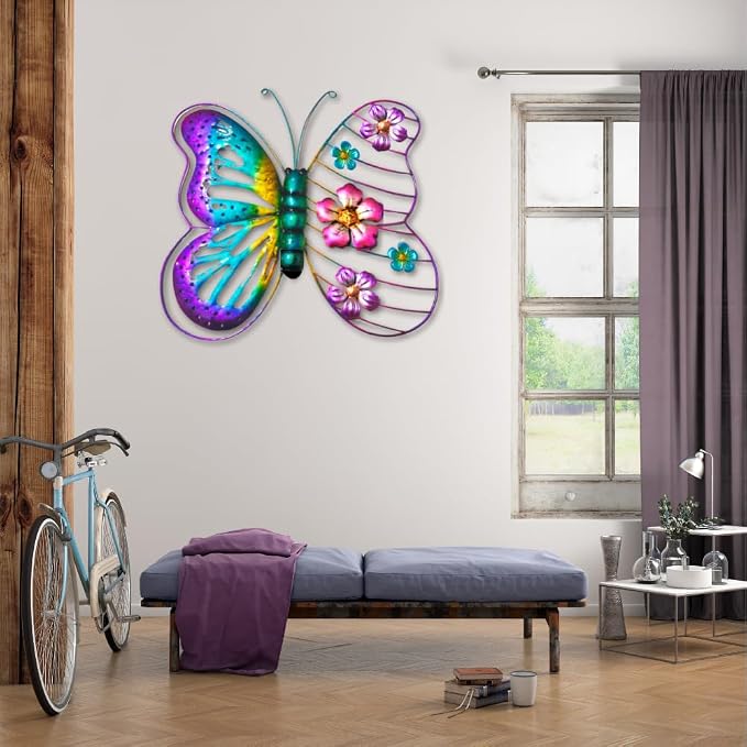 Metal Flower Butterfly Wall Decor Outdoor Indoor Wall Art Sculpture 13" Hanging Waterproof Garden Decorations Home Decorative Ornaments for Yard Fence Patio Balcony Bedroom Living Room Gift
