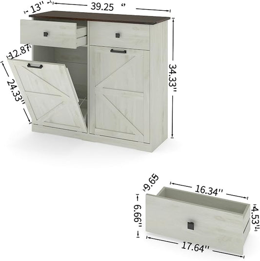 Ball & Cast Double Tilt Out Trash Cabinet for 20 Gallon Trash Cans, Farmhouse Barn Door Style with 2 Hideaway Drawers, Hidden Garbage & Recycling Center for Kitchen, Laundry Room (Antique White)