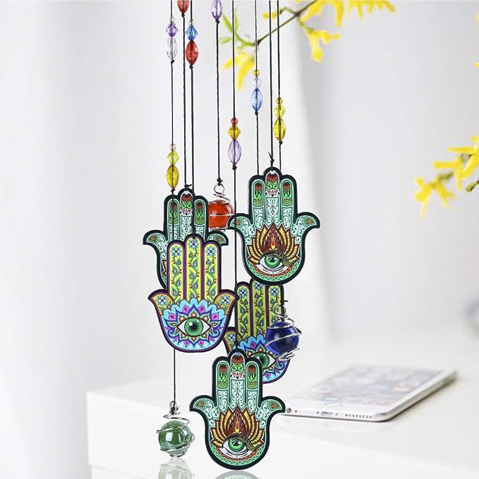 YU FENG 15 Inch Evil Eye Hamsa Wind Chimes, Outdoor Hanging Decor | Chakra Glass Beaded Design, Metal Windchime Ornament, Garden Patio Window Decoration, Spiritual Home Accent