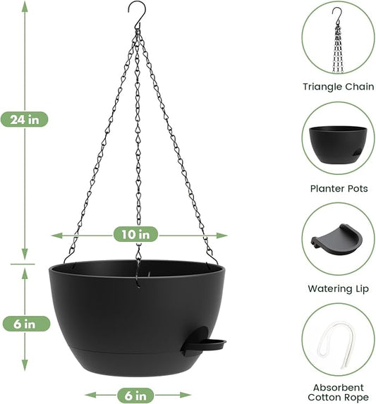 3 Pack 10 Hanging Flower Pots with Chains Self Watering Plastic Planters for Indoor Outdoor Plants, Sturdy Triangular Iron Chain Design for Garden PorchPlastic Hanging Flower pots (3, Black)
