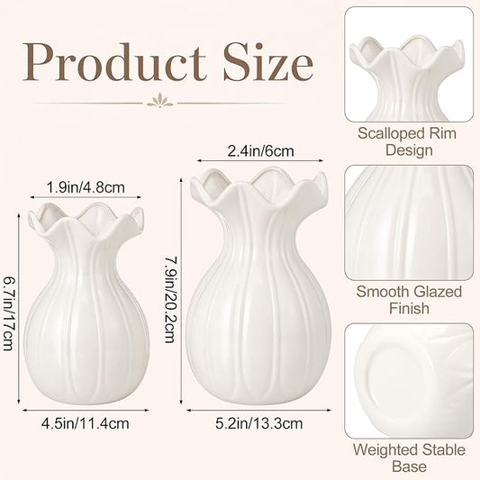 2 Pack White Ceramic Vase Set Small Rustic Decorative Vases Home Decor Wavy Edge Modern Flower Vases for Farmhouse Table Centerpiece Living Room Kitchen Bedroom (6.7, 7.9in, Elegant)