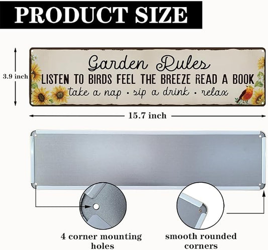 Garden Metal Tin Sign, Vintage Farmhouse Decor, Garden Rules Floral Wall Art, for Yard Fence Door Porch, Rustic Indoor Outdoor Gardens Decoration, 15.7 x 3.9 Inches