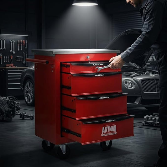 4-Drawer Rolling Tool Chest, Lockable Stainless Worktop for Garage, Red | Heavy Duty Metal Tool Cabinet with Drawers on Wheels for Warehouse and Workshop Storage