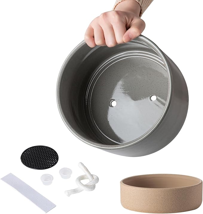 8 Inch Ceramic Self Watering Planter with Drainage Hole, Dark Grey | Indoor Plant Pot with Water Storage Plus - for African Violet, Herbs & Pothos - Home & Office Decor, Cylinder Round
