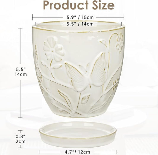 Hollyone 6 Inch White Ceramic Planter Flower Plant Pot with Drainage Hole and Saucer for Plants Embossed Indoor Outdoor Garden Embossed Ceramic Glazed Round Pot Large Butterfly Pattern