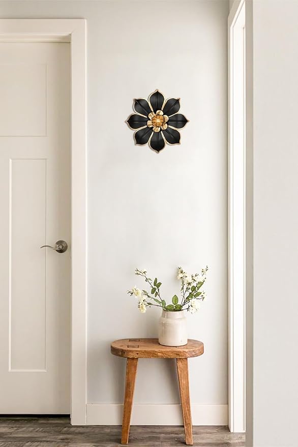 10" Metal Flowers Wall Decor, Black & Gold 3D Floral Metal Wall Art Decor for Inoor & Outdoor Use, Vintage & Modern Walls Arts for Bathroom, Living Room, Bedroom, Office, Garden, Patio, Porch, 1 Piece