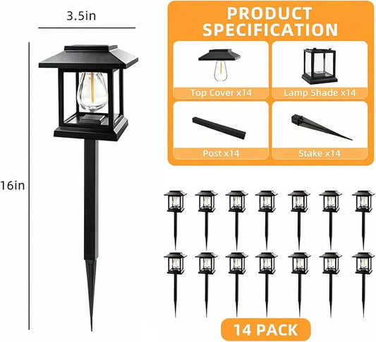 14-Pack Solar Pathway Lights - High-Efficiency Polycrystalline Panels for All-Night Glow - IP65 Waterproof Outdoor Landscape Lighting for Garden, Walkway & Driveway Security (Black)