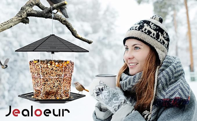 Jealoeur Bird Feeders for Outdoors Hanging Bird Feeder Wild Birds Seed, Black