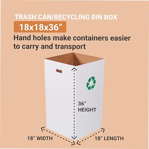 Box USA 50 Gallon 18" L x 18" W x 36" H 10-Pack Cardboard Trash Cans and Recycling Bins, Reusable or Disposable Pop Up Garbage Boxes for Parties, Outdoor Events, Heavy Duty, Recycle