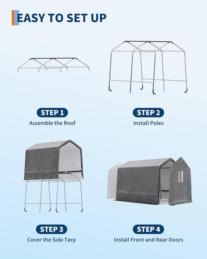 GarveeLife 7x10 ft Outdoor Portable Storage Shed with Roll-Up Door & Vent, 240G Heavy-Duty Shelter Waterproof PE Tarp, UV-Resistant Storage Sheds for Motorcycle, Firewood, Garden and Tools -Gray
