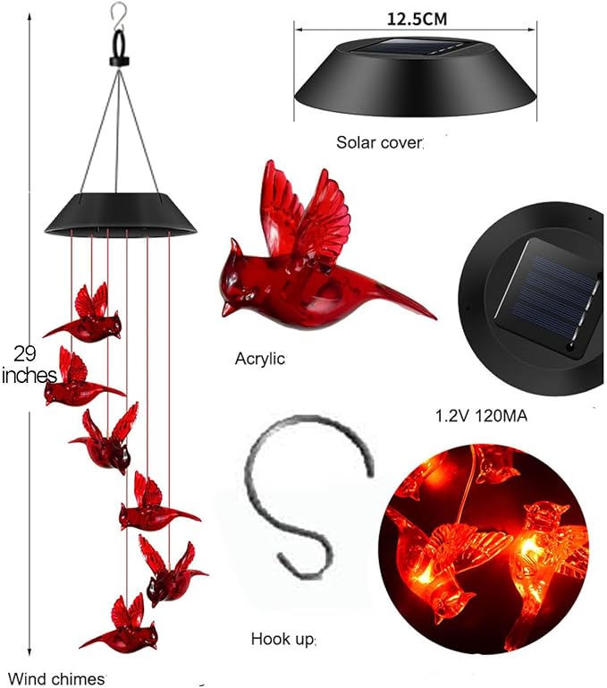 Cardinal Solar Wind Chimes for Outside, Cardinal Solar Hanging Lights Outdoor Wind Chime for Garden Patio Decor, Unique Gifts for Mother Mom Grandma Women Birthday