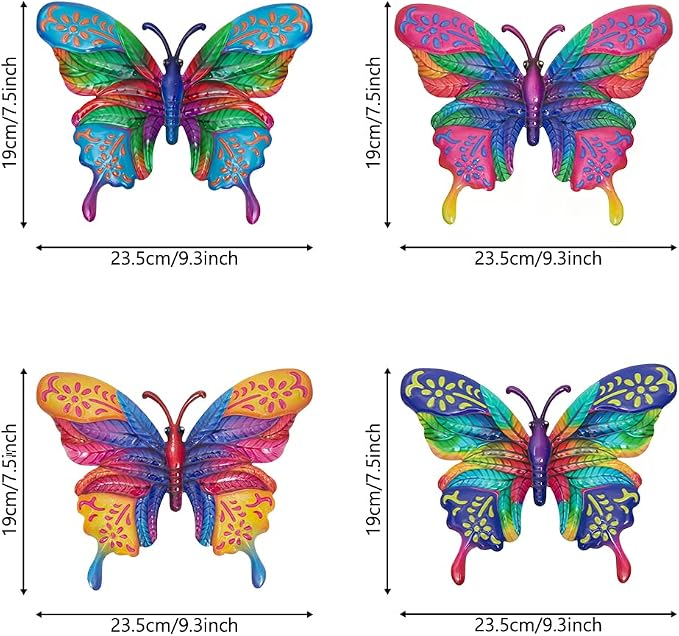 dreamskip 4 Pcs Butterfly Wall Decor Art, Metal Butterflies Outdoor Wall Art with Colorful Leaves, Hand Painted Outdoor Decor For Garden, Yard, Fence, Patio Decoration