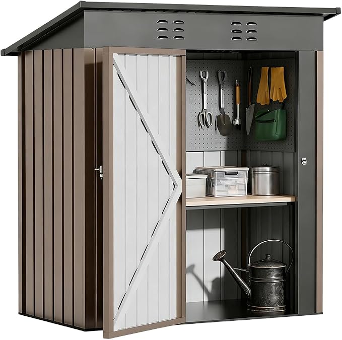 COMHOMA Shed Outdoor Storage Shed Metal,Lockable Doors Tool Sheds with Sloping Roof,Steel Garden Shed with Air Vent for Backyard,Patio,Lawn,Poolside(Brown,5'*3')