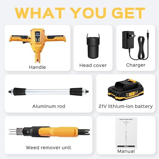 Weed Puller Tool, 21V Powerful Electric Weeder Tool with 2.0Ah Battery and Charger, Garden Tools Weed Remover Tool with 3-Claw Steel Head for Smooth Weeding, Ideal Gifts for Men Women Mom Dad, Yellow