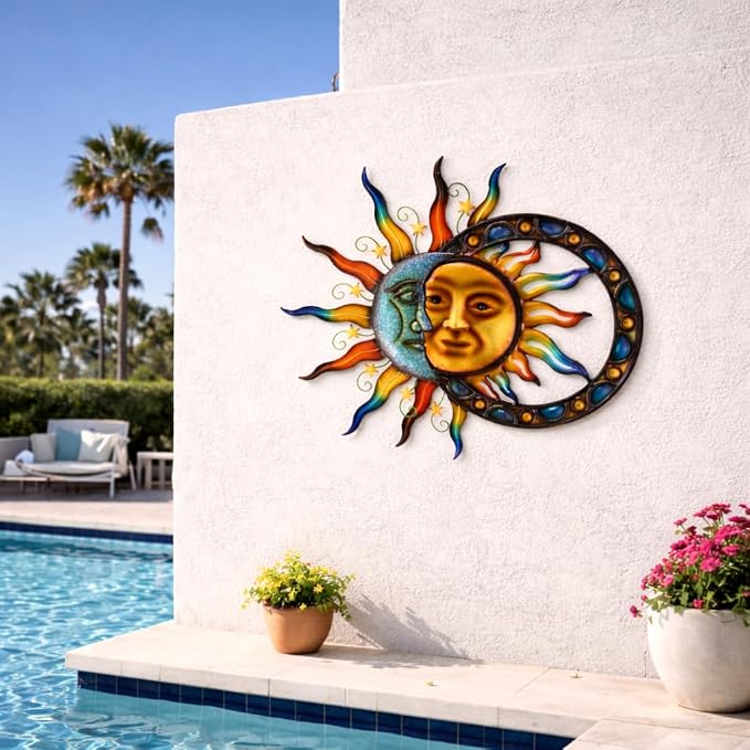 Glitzhome Sun and Moon Wall Decor, 33.5 Inch Celestial Metal Wall Art with Glossy Color Finish and Antique Details, Outdoor Sun and Moon Decor for Garden Porch Patio Home
