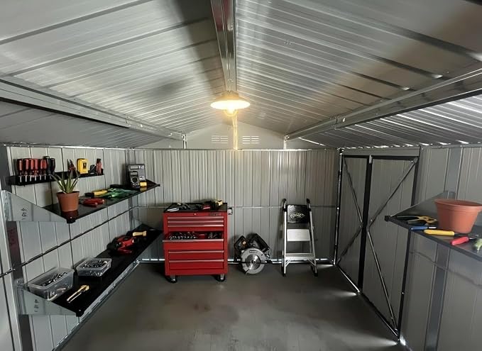 KEIKI 12x10 Ft Metal Outdoor Storage Shed Garden with Window, Foldable Worktable & Shelves, Lockable Door, Waterproof Apex Roof Heavy Duty Tool House for Backyard Garden Lawn, Brown