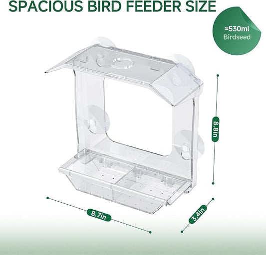 Window Bird Feeder with 4 Extra Strong Suction Cups (2.5 Inch) | Clear Bird Feeder with Dual Seed Tray, Easy to Install and Clean, Birdfeeder for Close-Up Viewing Birds, Bird Watching Gift