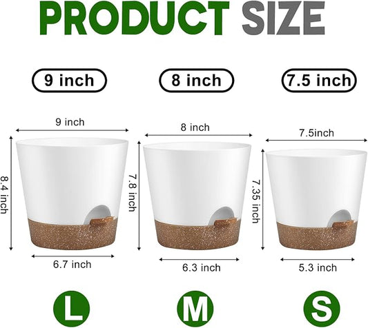 YNNICO Indoor Outdoor Plant Pots- Self Watering Planters with Drainage Holes and Saucers, 9,8, 7.5 Inches, 3 Pots (Snow)