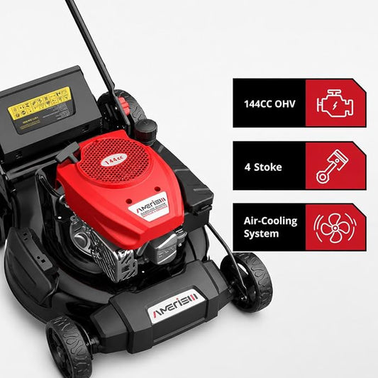 AMERISUN 21" Gas Lawn Mower, 144cc 4-Stroke, 2-in-1 Mulch & Side Discharge, 6 Height Adjustment, Lightweight Push Mower for Backyard Lawn Care