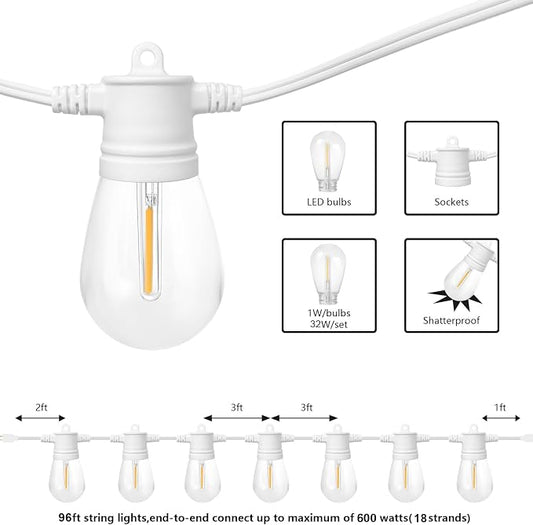 SUNTHIN White Outdoor String Lights, 96FT White Patio Lights with 32 Shatterproof LED Bulbs for Garden, Backyard, Porch, Cafe, Deck, Wedding, Party, Gathering