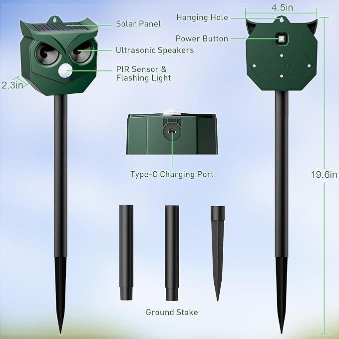 Solar Animal Deterrent Outdoor 2 Pack, Ultrasonic Motion Activated Repeller with LED Strobe, Waterproof for Unwanted Animals - Protect Garden Yard Lawn from Cats Squirrels Deer Raccoons Skunks