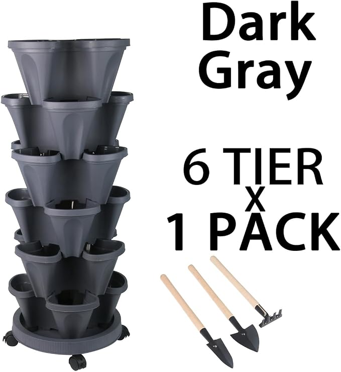 GameXcel Vertical Planter Tower - 6 Tier Stackable Garden Planters with Wheels and Tools Plant Pots for Strawberry Herb Flower and Vegetable Indoor Outdoor Use Dark Gray