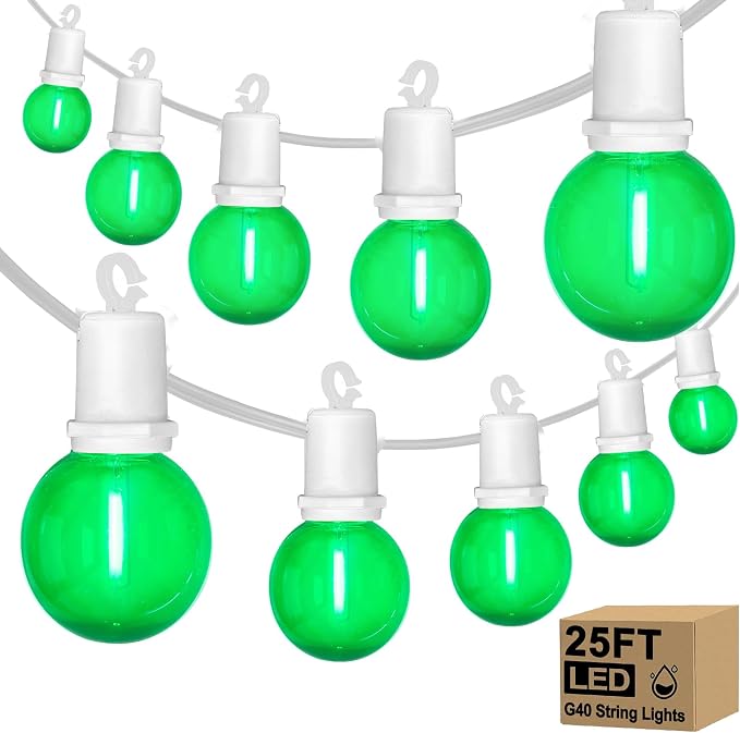 LED St. Patrick's Day String Lights, 25Ft St Patricks Decorations Outdoor | 25+2 G40 Round Bulbs, Connectable, Hanging Patio Lights Shatterproof for Indoor Home Decor Party, White Wire, Clear Green