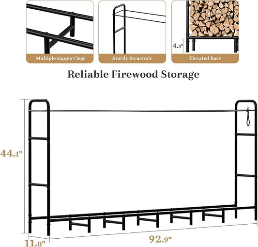 Firewood Rack 8FT Heavy Duty Metal, Outdoor Indoor Log Holder Stand for Fireplace Wood Storage, Adjustable Wood Pile Stacker Organizer for Patio, Black