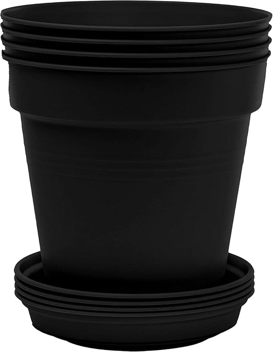 Mintra Garden Pots, 4 Pack Bulk Plastic Plant Pots with Drainage Tray, Round Indoor & Outdoor Decorative Planters with Drain Holes for Flowers, Herbs & Plants, 17cm Diameter – Black, 6.6 in